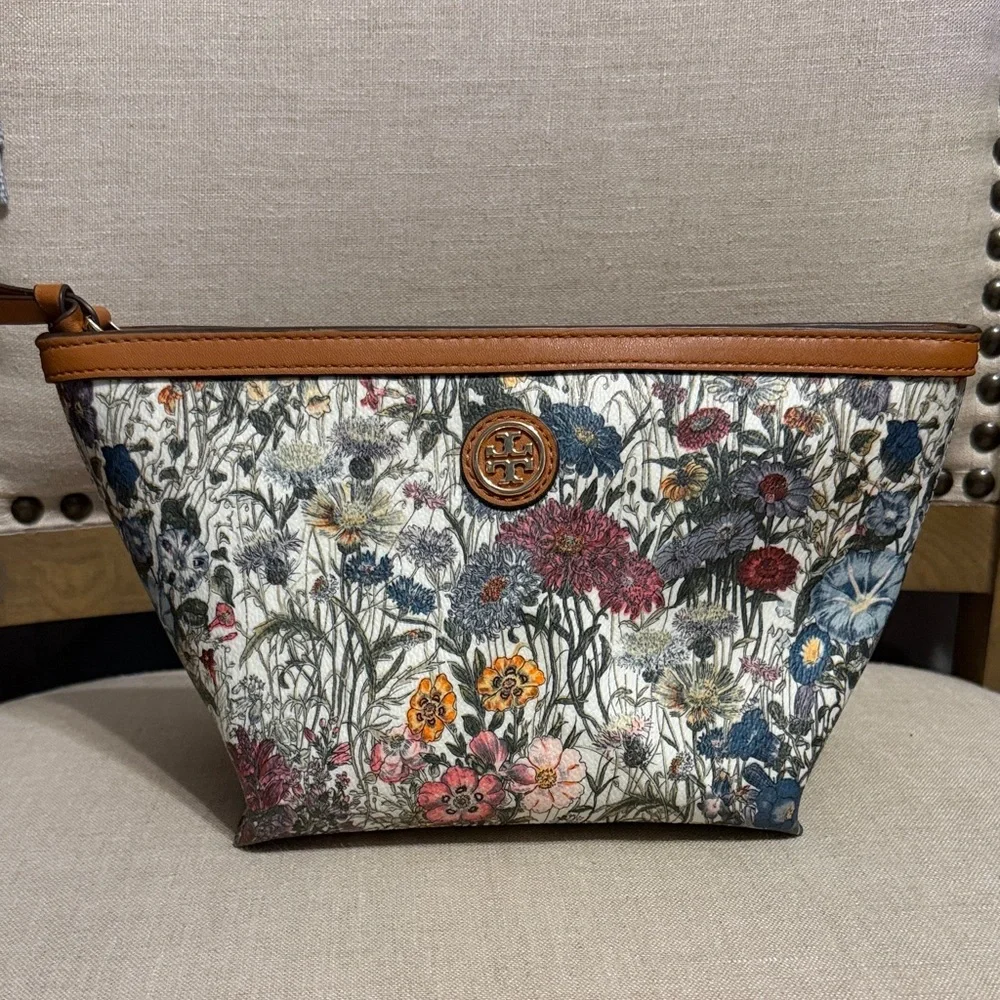 Tory Burch Floral Cosmetic Pouch in Cream, Brown, Blue, Pink